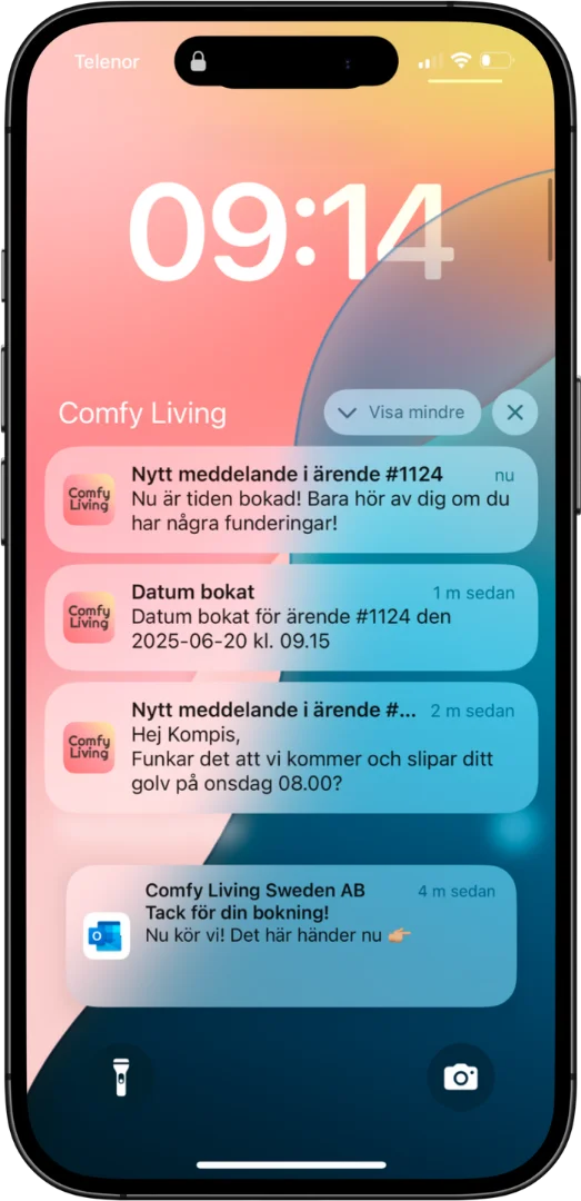 Comfy Living appen visar notifikationer